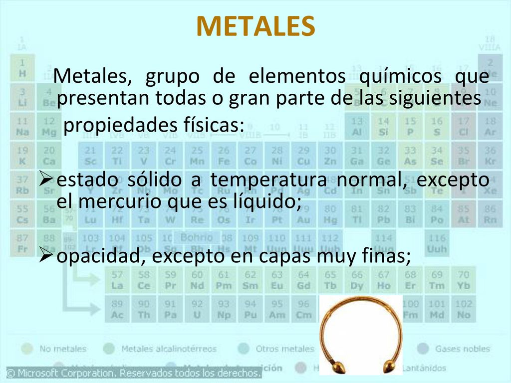 METALES Metales, grupo de elementos químicos que presentan todas o gran parte de las siguientes. propiedades físicas: