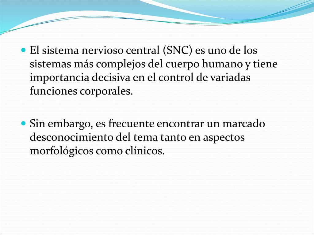 El sistema nervioso central (SNC) es uno de los sistemas más complejos del cuerpo humano y tiene importancia decisiva en el control de variadas funciones corporales.