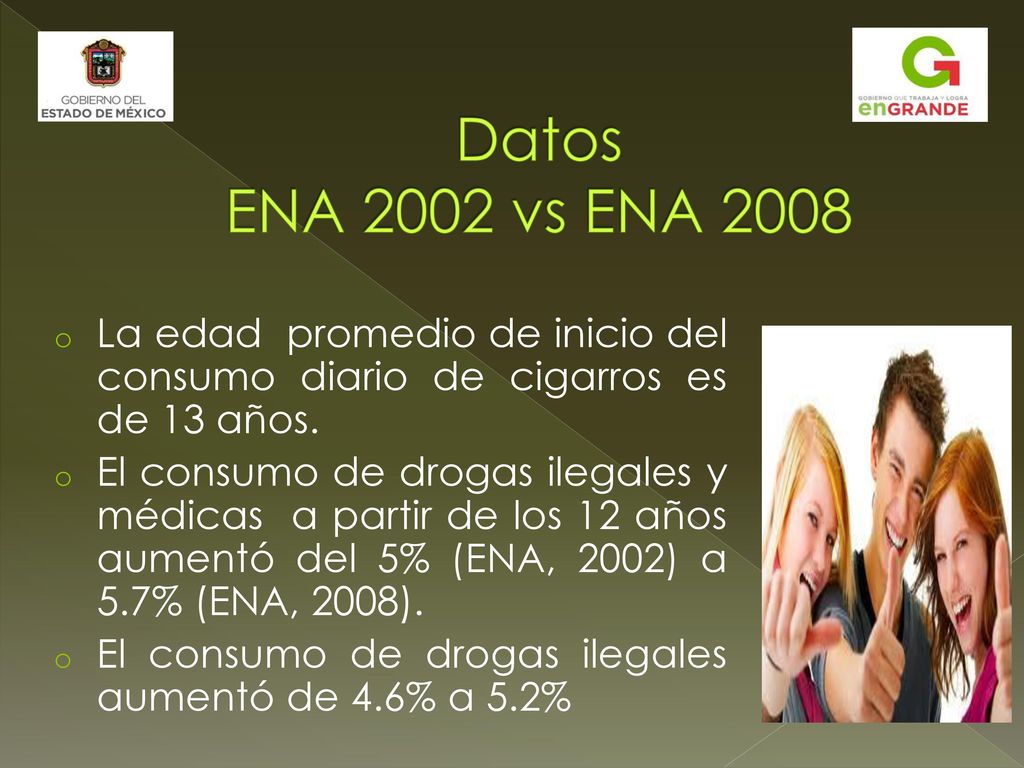 Datos ENA 2002 vs ENA 2008 La edad promedio de inicio del consumo diario de cigarros es de 13 años.