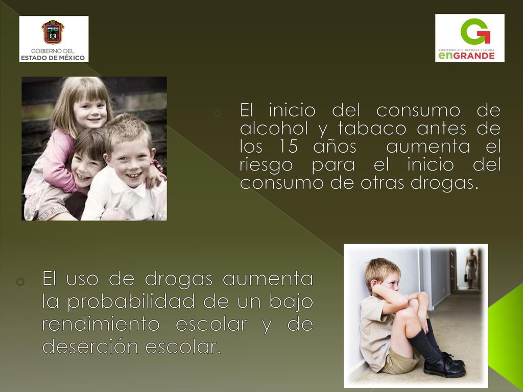 El inicio del consumo de alcohol y tabaco antes de los 15 años aumenta el riesgo para el inicio del consumo de otras drogas.