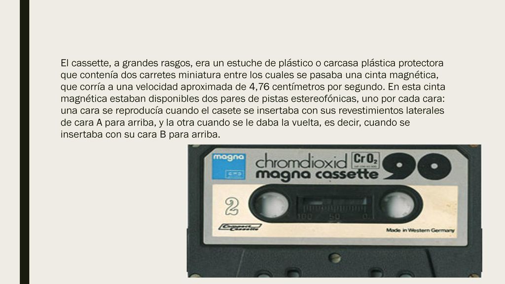 El cassette, a grandes rasgos, era un estuche de plástico o carcasa plástica protectora que contenía dos carretes miniatura entre los cuales se pasaba una cinta magnética, que corría a una velocidad aproximada de 4,76 centímetros por segundo.