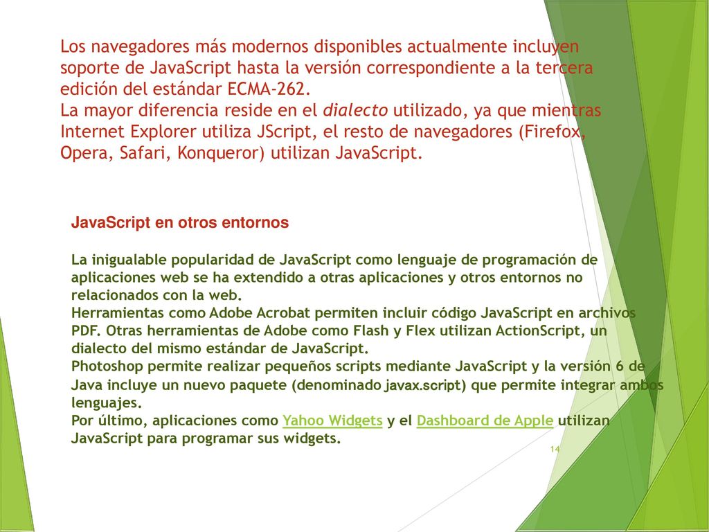 Los navegadores más modernos disponibles actualmente incluyen soporte de JavaScript hasta la versión correspondiente a la tercera edición del estándar ECMA-262.