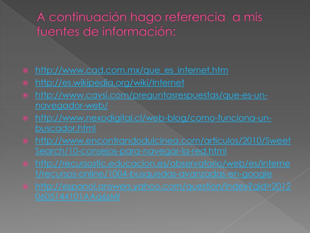 A continuación hago referencia a mis fuentes de información: