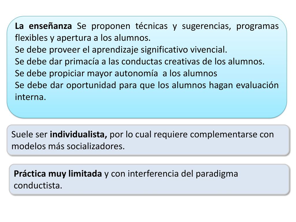La enseñanza Se proponen técnicas y sugerencias, programas flexibles y apertura a los alumnos.