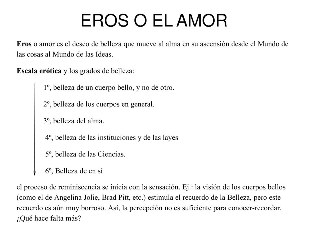 EROS O EL AMOR Eros o amor es el deseo de belleza que mueve al alma en su ascensión desde el Mundo de las cosas al Mundo de las Ideas.