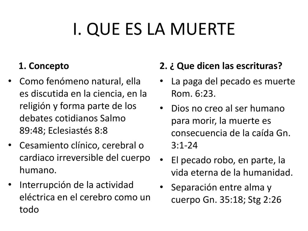 I. QUE ES LA MUERTE 1. Concepto 2. ¿ Que dicen las escrituras