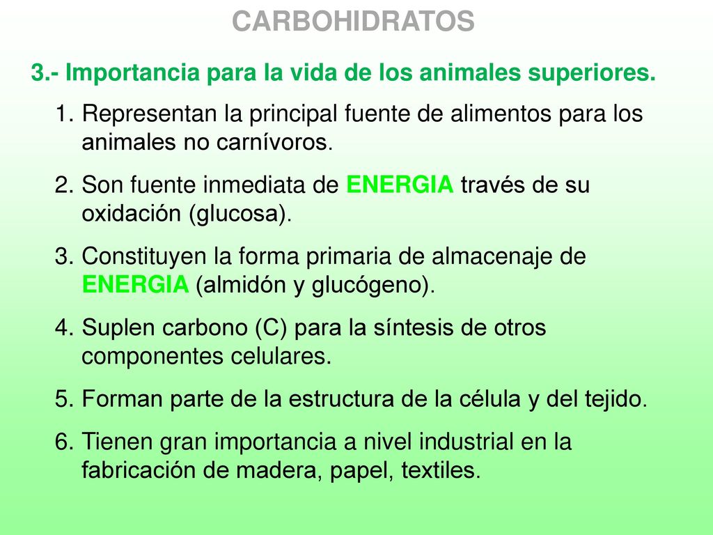 CARBOHIDRATOS 3.- Importancia para la vida de los animales superiores.