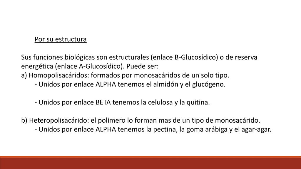 Por su estructura Sus funciones biológicas son estructurales (enlace B-Glucosídico) o de reserva energética (enlace A-Glucosídico). Puede ser: