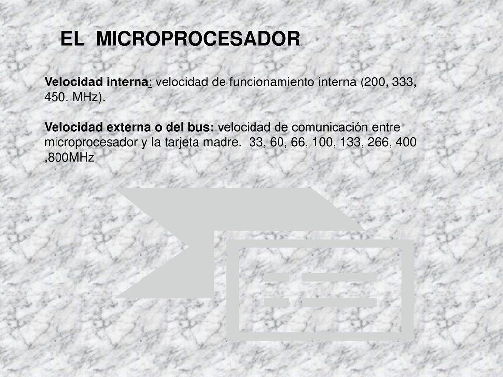EL MICROPROCESADOR Velocidad interna: velocidad de funcionamiento interna (200, 333, 450. MHz).