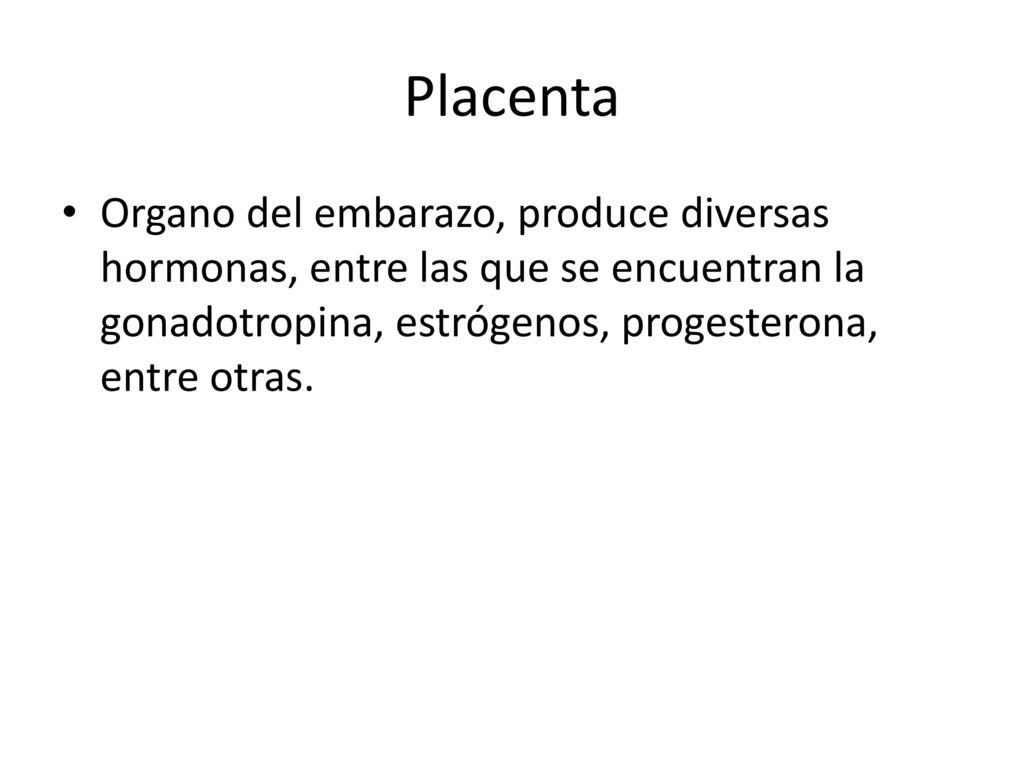 Placenta Organo del embarazo, produce diversas hormonas, entre las que se encuentran la gonadotropina, estrógenos, progesterona, entre otras.