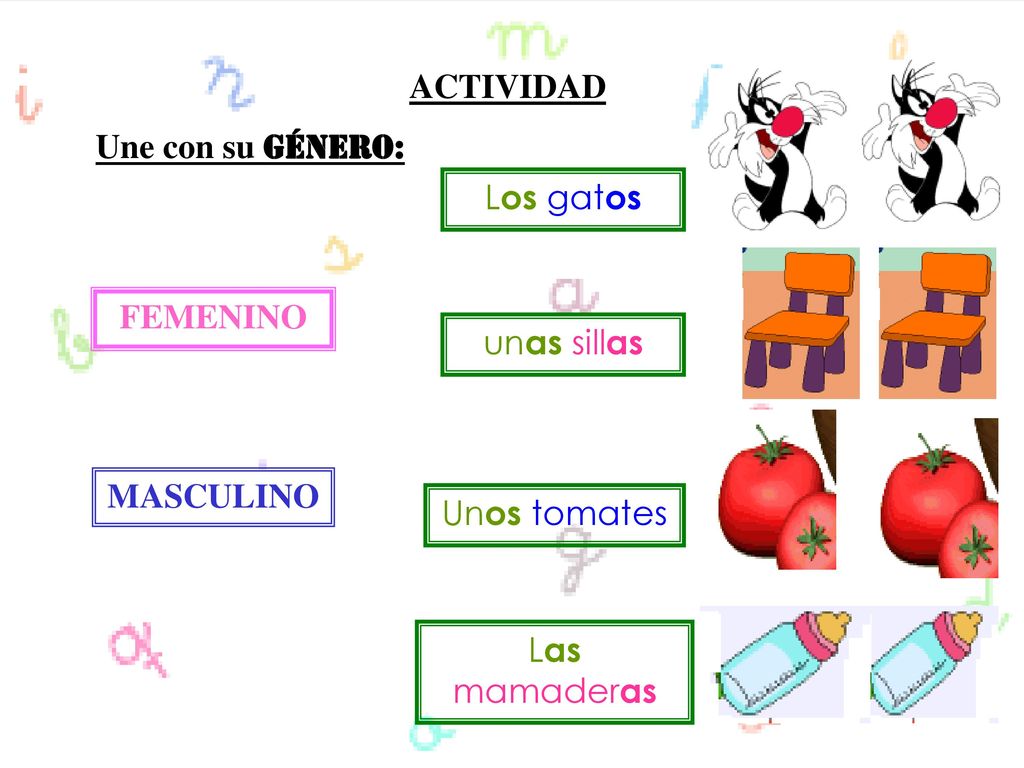ACTIVIDAD Une con su Género: Los gatos FEMENINO unas sillas MASCULINO Unos tomates Las mamaderas