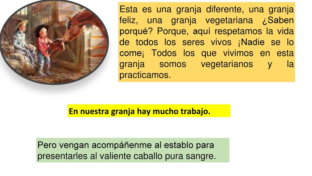 Esta es una granja diferente, una granja feliz, una granja vegetariana ¿Saben porqué Porque, aquí respetamos la vida de todos los seres vivos ¡Nadie se lo come¡ Todos los que vivimos en esta granja somos vegetarianos y la practicamos.