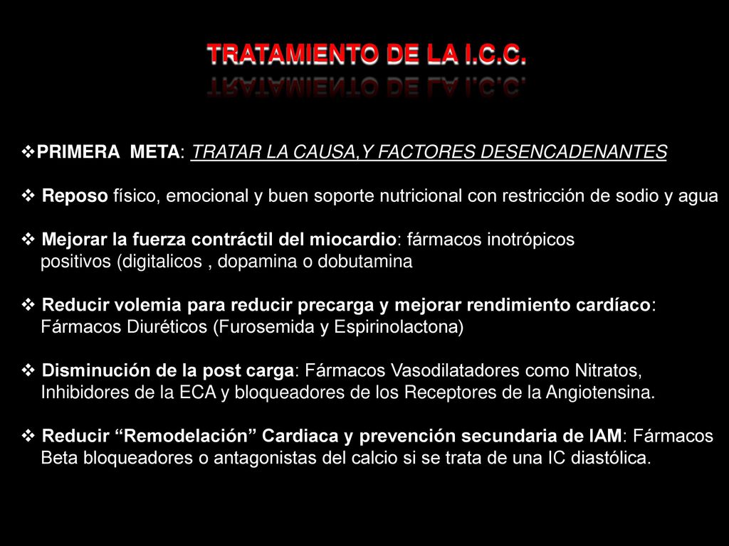 TRATAMIENTO DE LA I.C.C. PRIMERA META: TRATAR LA CAUSA,Y FACTORES DESENCADENANTES.