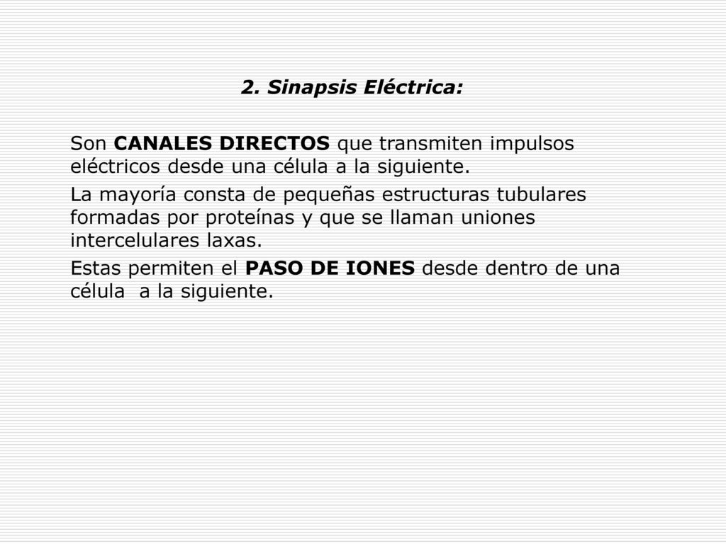 2. Sinapsis Eléctrica: Son CANALES DIRECTOS que transmiten impulsos eléctricos desde una célula a la siguiente.