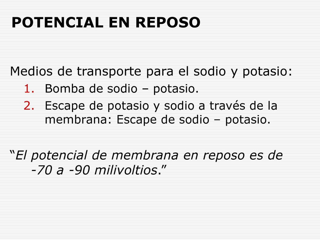 POTENCIAL EN REPOSO Medios de transporte para el sodio y potasio: