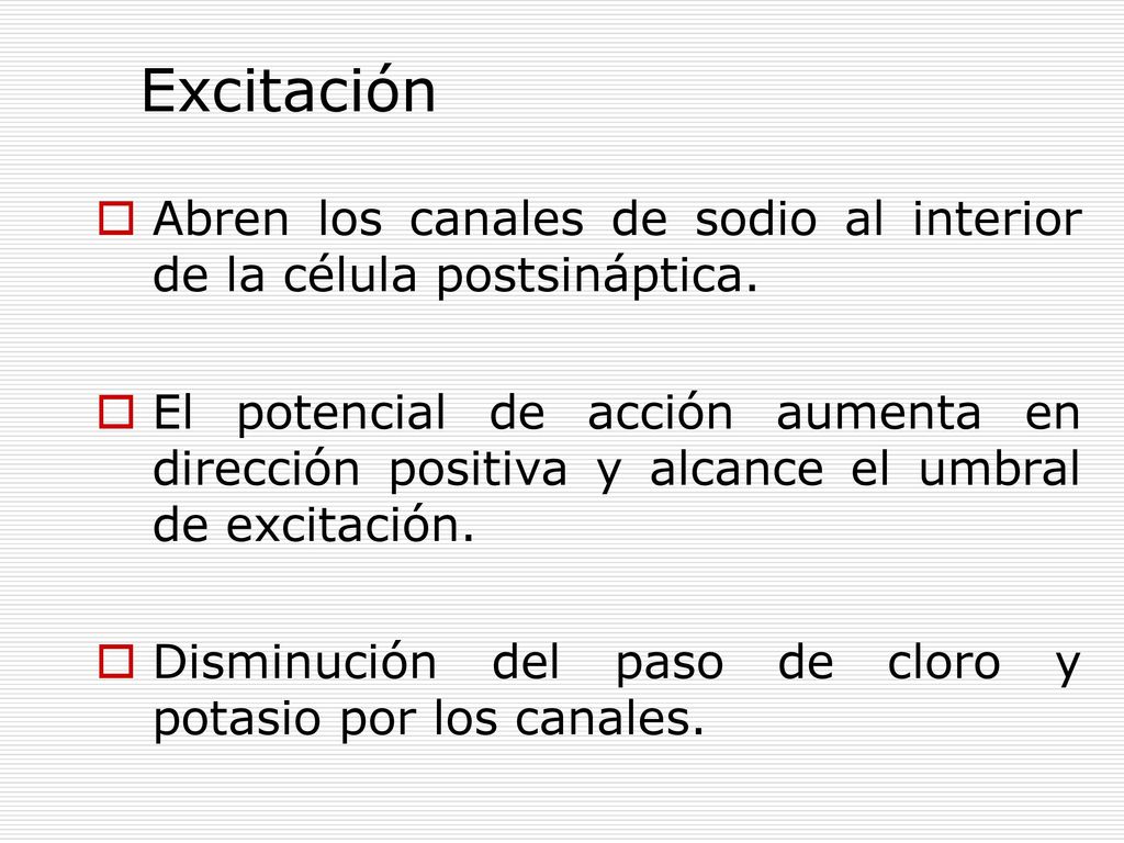 Excitación Abren los canales de sodio al interior de la célula postsináptica.