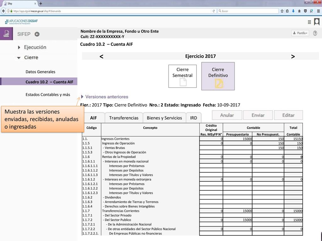 Datos Generales Cuadro 10.2 – Cuenta AIF. Estados Contables y más. Nombre de la Empresa, Fondo u Otro Ente Cuit: ZZ-XXXXXXXXXX-Y.