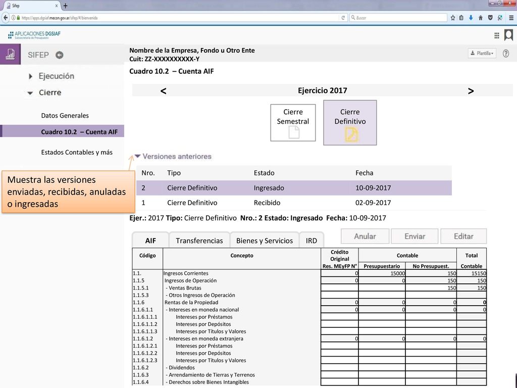 Datos Generales Cuadro 10.2 – Cuenta AIF. Estados Contables y más. Nombre de la Empresa, Fondo u Otro Ente Cuit: ZZ-XXXXXXXXXX-Y.