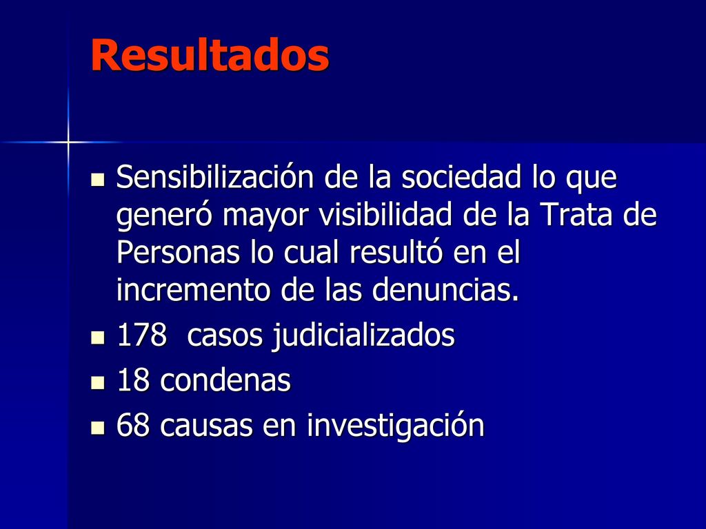 Resultados Sensibilización de la sociedad lo que generó mayor visibilidad de la Trata de Personas lo cual resultó en el incremento de las denuncias.