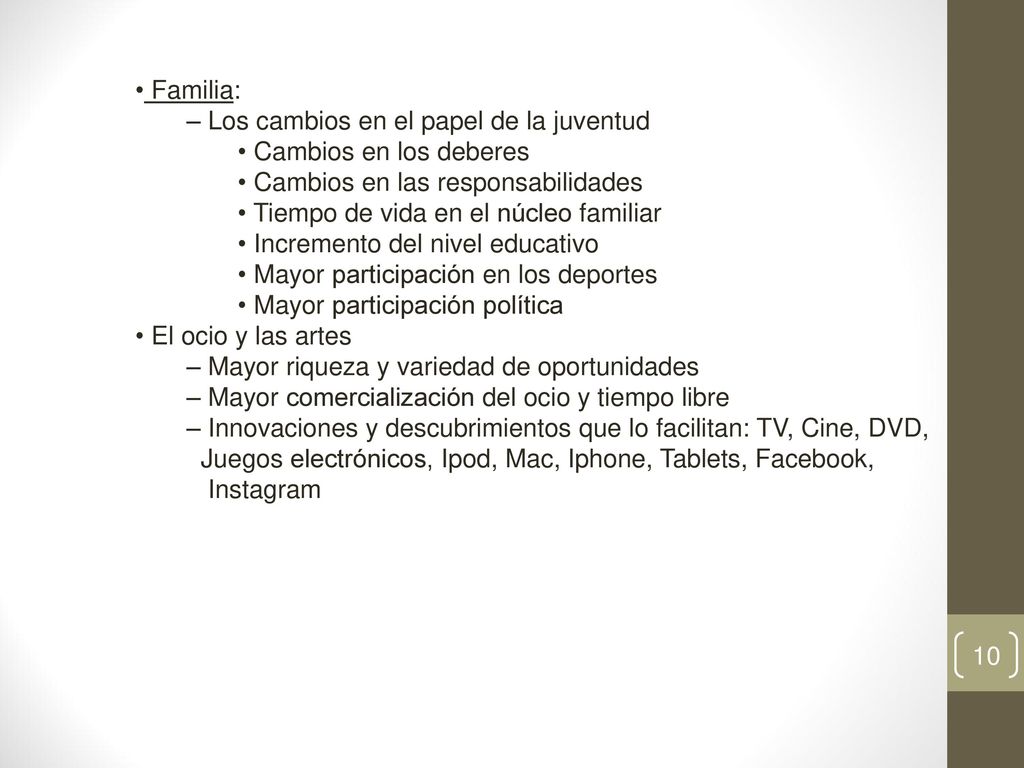 Familia: Los cambios en el papel de la juventud. Cambios en los deberes. Cambios en las responsabilidades.
