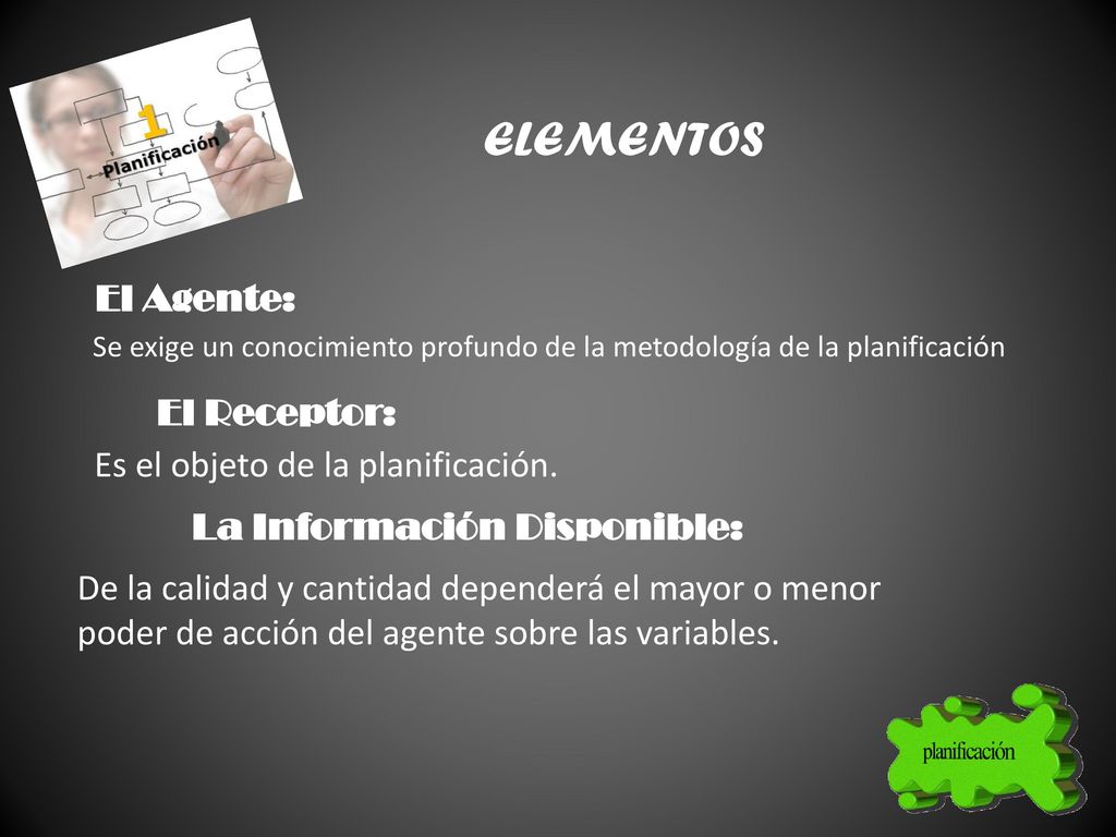ELEMENTOS El Agente: El Receptor: Es el objeto de la planificación.
