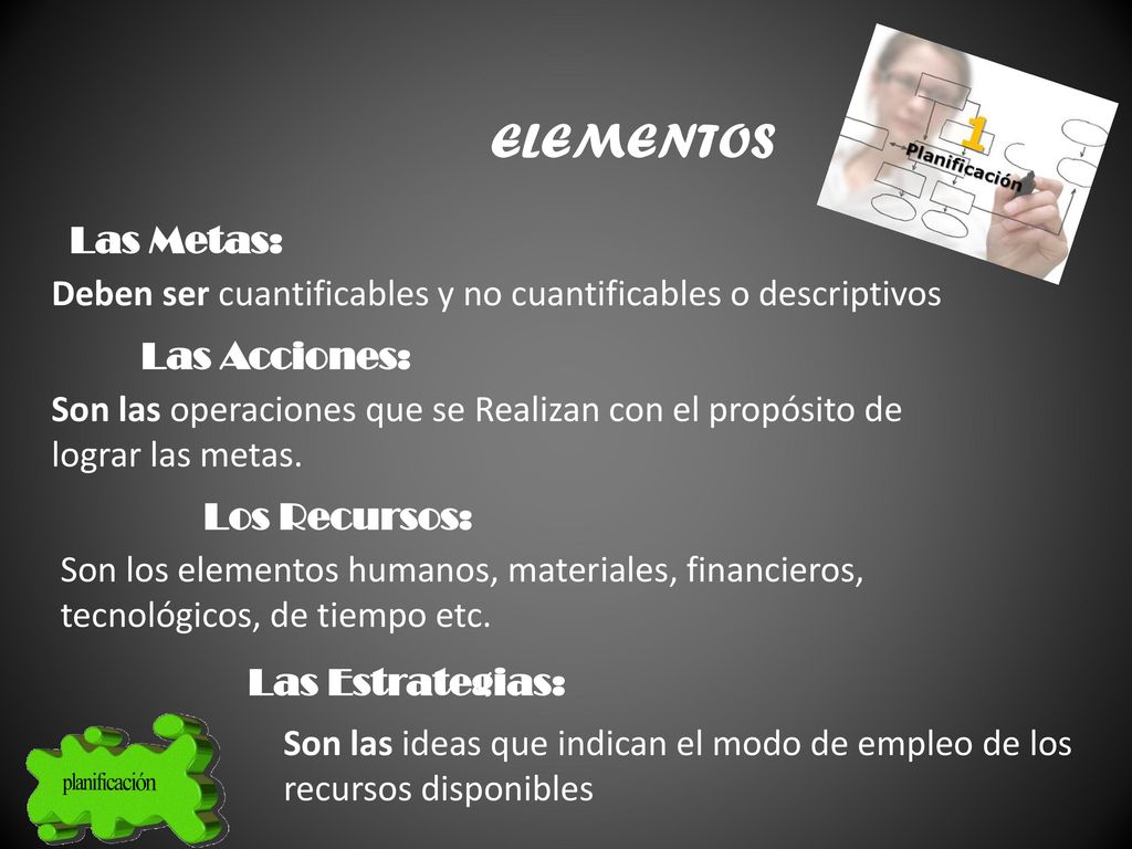 ELEMENTOS Las Metas: Deben ser cuantificables y no cuantificables o descriptivos. Las Acciones: