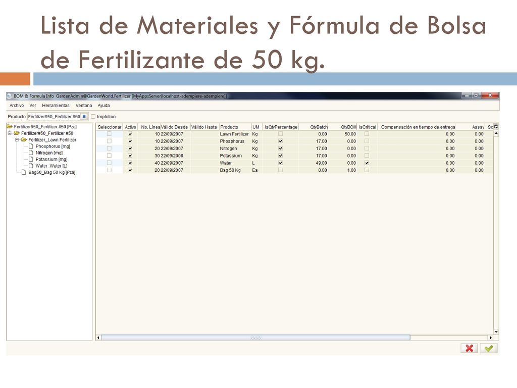 Lista de Materiales y Fórmula de Bolsa de Fertilizante de 50 kg.