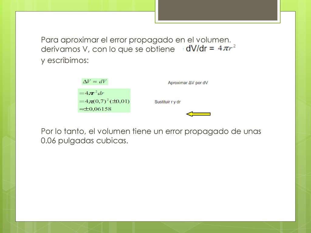 Para aproximar el error propagado en el volumen, derivamos V, con lo que se obtiene y escribimos: Por lo tanto, el volumen tiene un error propagado de unas 0.06 pulgadas cubicas.