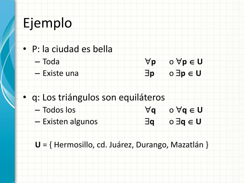 Ejemplo P: la ciudad es bella q: Los triángulos son equiláteros