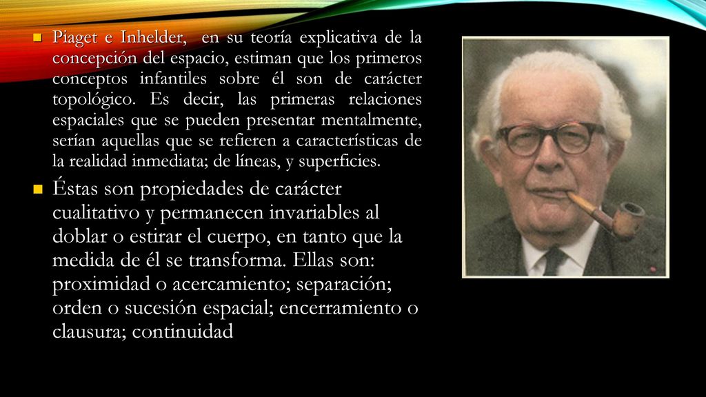 Piaget e Inhelder, en su teoría explicativa de la concepción del espacio, estiman que los primeros conceptos infantiles sobre él son de carácter topológico. Es decir, las primeras relaciones espaciales que se pueden presentar mentalmente, serían aquellas que se refieren a características de la realidad inmediata; de líneas, y superficies.