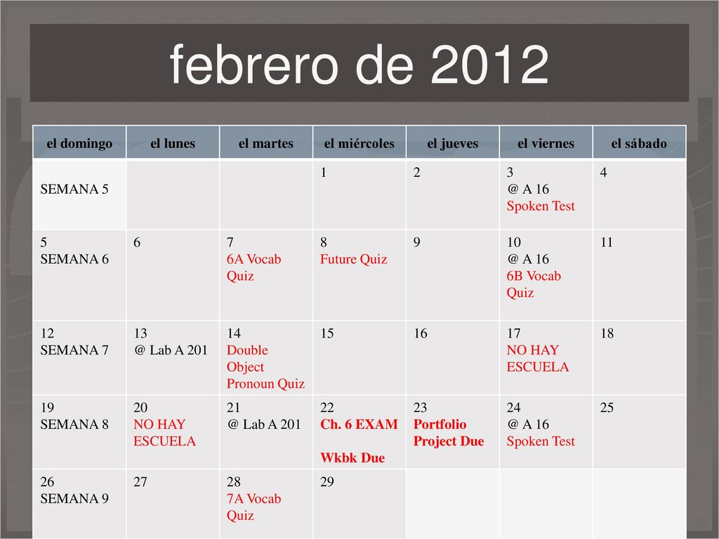 febrero de 2012 el domingo el lunes el martes el miércoles el jueves