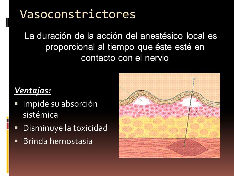 Vasoconstrictores La duración de la acción del anestésico local es proporcional al tiempo que éste esté en contacto con el nervio.