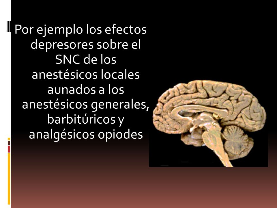 Por ejemplo los efectos depresores sobre el SNC de los anestésicos locales aunados a los anestésicos generales, barbitúricos y analgésicos opiodes