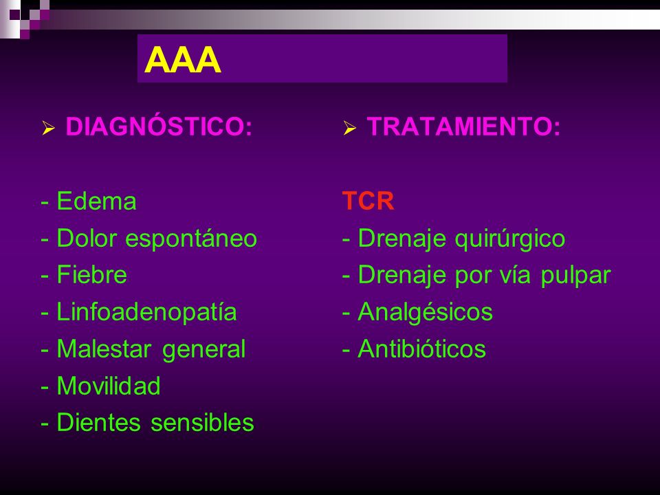 AAA DIAGNÓSTICO: - Edema - Dolor espontáneo - Fiebre - Linfoadenopatía
