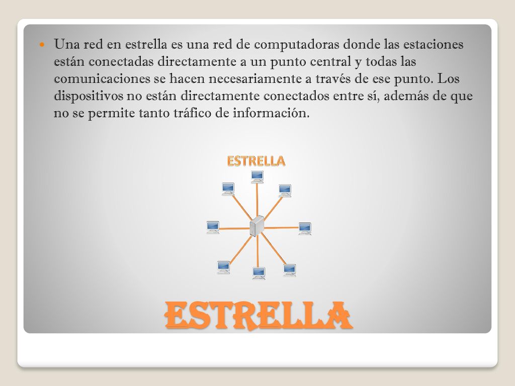 Una red en estrella es una red de computadoras donde las estaciones están conectadas directamente a un punto central y todas las comunicaciones se hacen necesariamente a través de ese punto. Los dispositivos no están directamente conectados entre sí, además de que no se permite tanto tráfico de información.