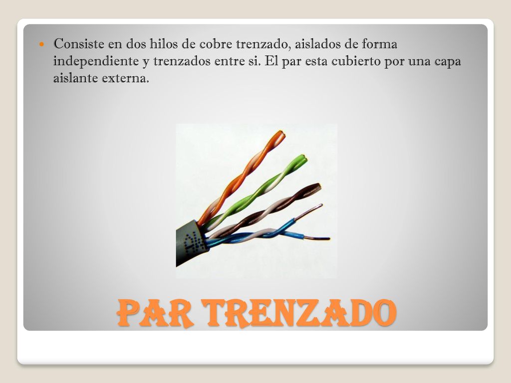 Consiste en dos hilos de cobre trenzado, aislados de forma independiente y trenzados entre si. El par esta cubierto por una capa aislante externa.
