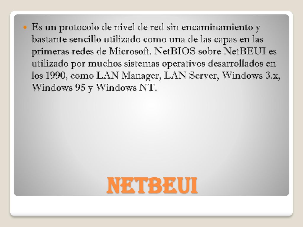 Es un protocolo de nivel de red sin encaminamiento y bastante sencillo utilizado como una de las capas en las primeras redes de Microsoft. NetBIOS sobre NetBEUI es utilizado por muchos sistemas operativos desarrollados en los 1990, como LAN Manager, LAN Server, Windows 3.x, Windows 95 y Windows NT.