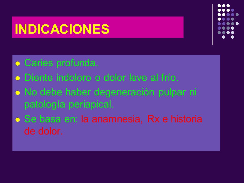 INDICACIONES Caries profunda. Diente indoloro o dolor leve al frío.