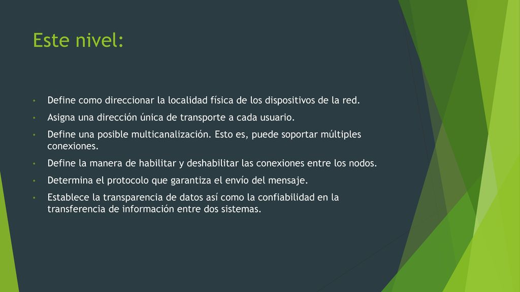 Este nivel: Define como direccionar la localidad física de los dispositivos de la red. Asigna una dirección única de transporte a cada usuario.