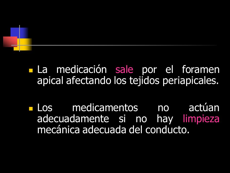 La medicación sale por el foramen apical afectando los tejidos periapicales.
