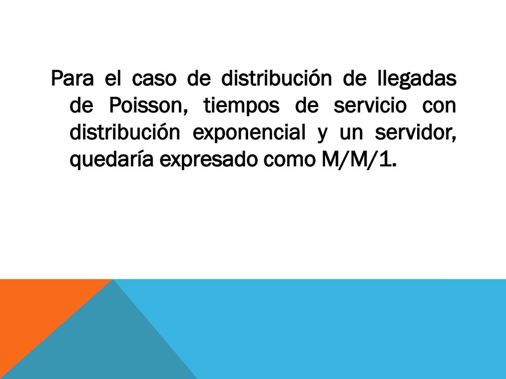 Para el caso de distribución de llegadas de Poisson, tiempos de servicio con distribución exponencial y un servidor, quedaría expresado como M/M/1.