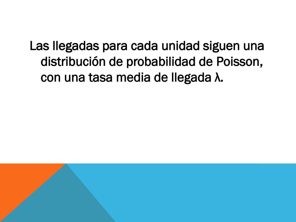 Las llegadas para cada unidad siguen una distribución de probabilidad de Poisson, con una tasa media de llegada λ.