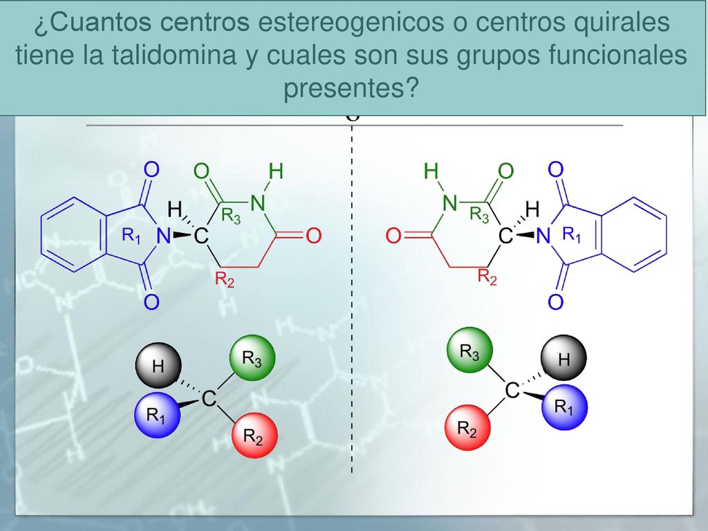 ¿Cuantos centros estereogenicos o centros quirales tiene la talidomina y cuales son sus grupos funcionales presentes