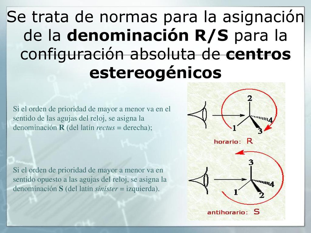 Se trata de normas para la asignación de la denominación R/S para la configuración absoluta de centros estereogénicos