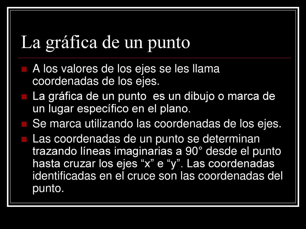 La gráfica de un punto A los valores de los ejes se les llama coordenadas de los ejes.