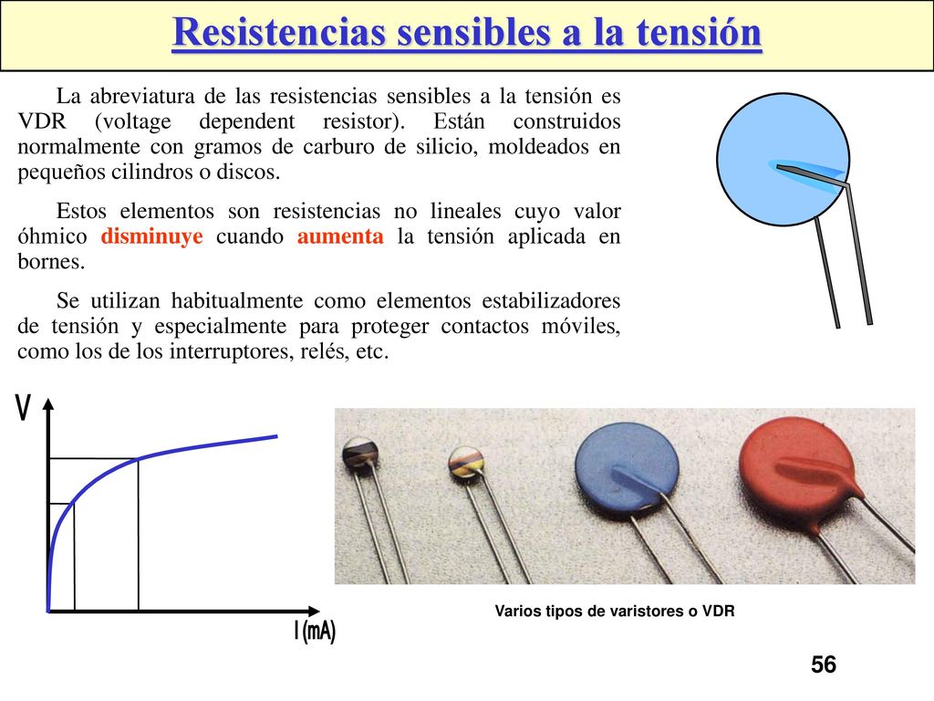 Resistencias sensibles a la tensión Varios tipos de varistores o VDR