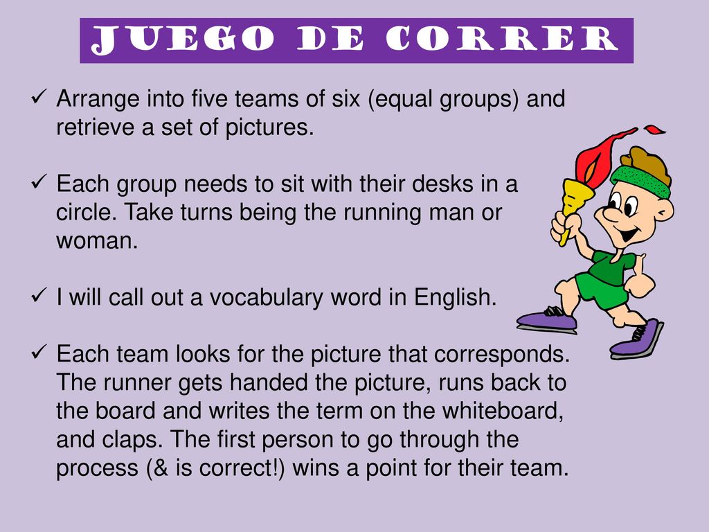 Juego de correr Arrange into five teams of six (equal groups) and retrieve a set of pictures.