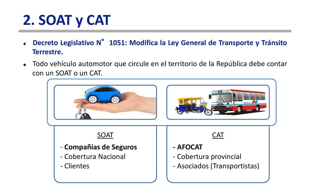 2. SOAT y CAT Decreto Legislativo N°1051: Modifica la Ley General de Transporte y Tránsito Terrestre.