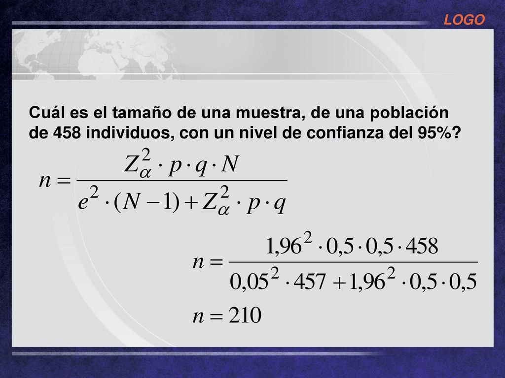 Cuál es el tamaño de una muestra, de una población de 458 individuos, con un nivel de confianza del 95%