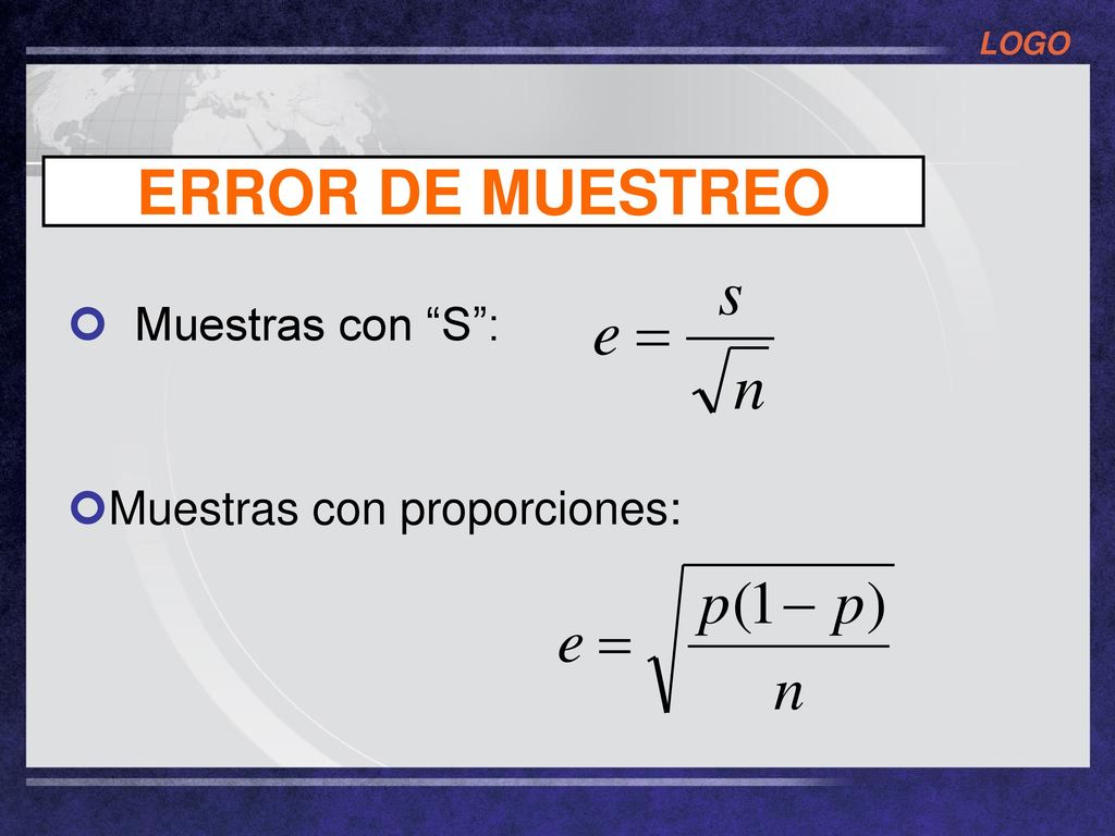 ERROR DE MUESTREO Muestras con S : Muestras con proporciones: